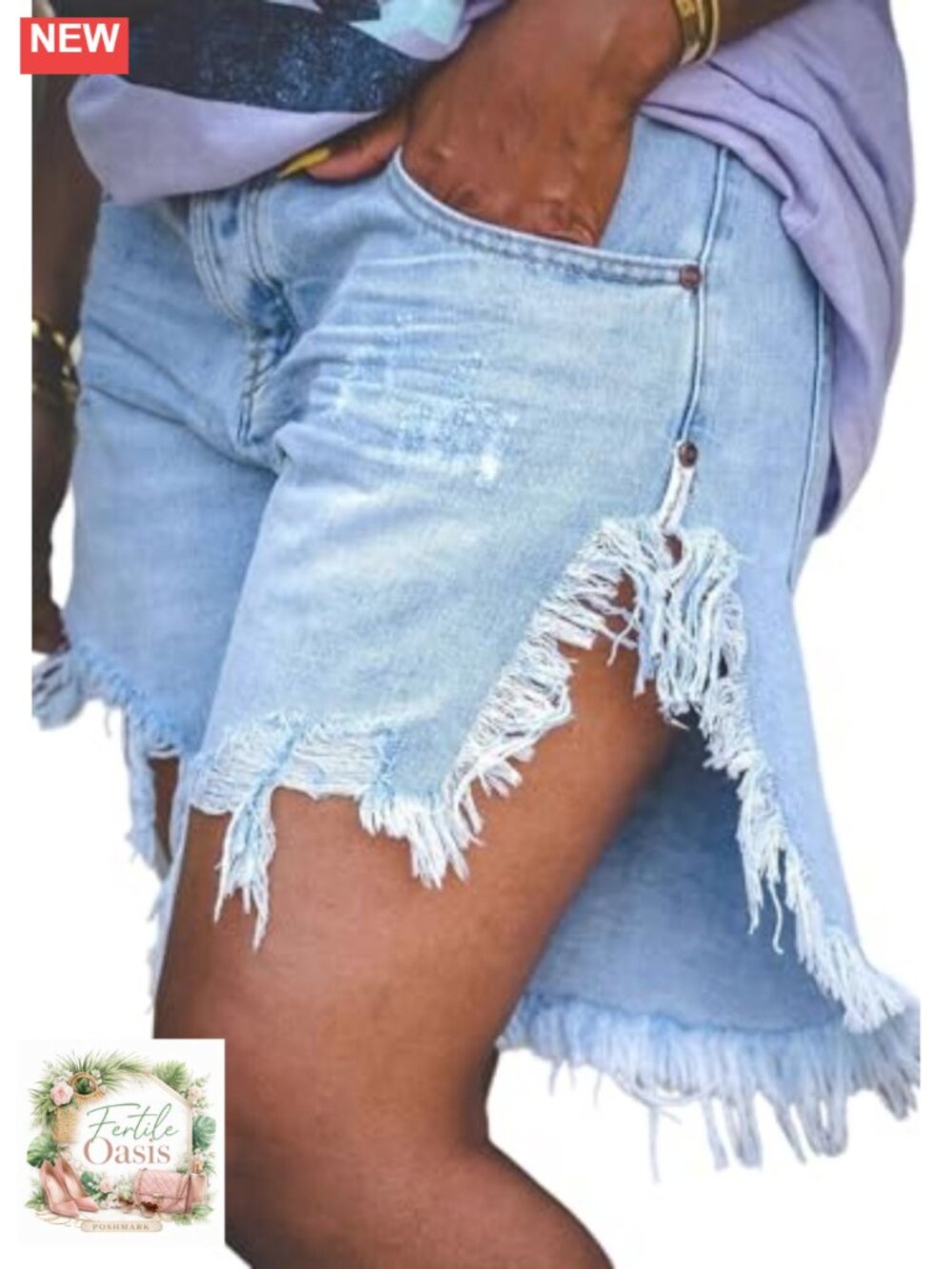 Distressed High Waisted Denim Shorts, Raw Hem, Side Slit, Frayed, Baggy